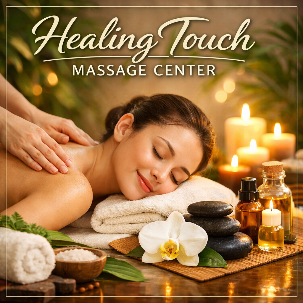 편안한 분위기의 힐링 마사지 공간에서 관리사가 부드럽게 마사지를 제공하는 장면. 촛불과 아로마 오일, 따뜻한 조명이 어우러진 Healing Touch Massage Center 메인 프로필 이미지